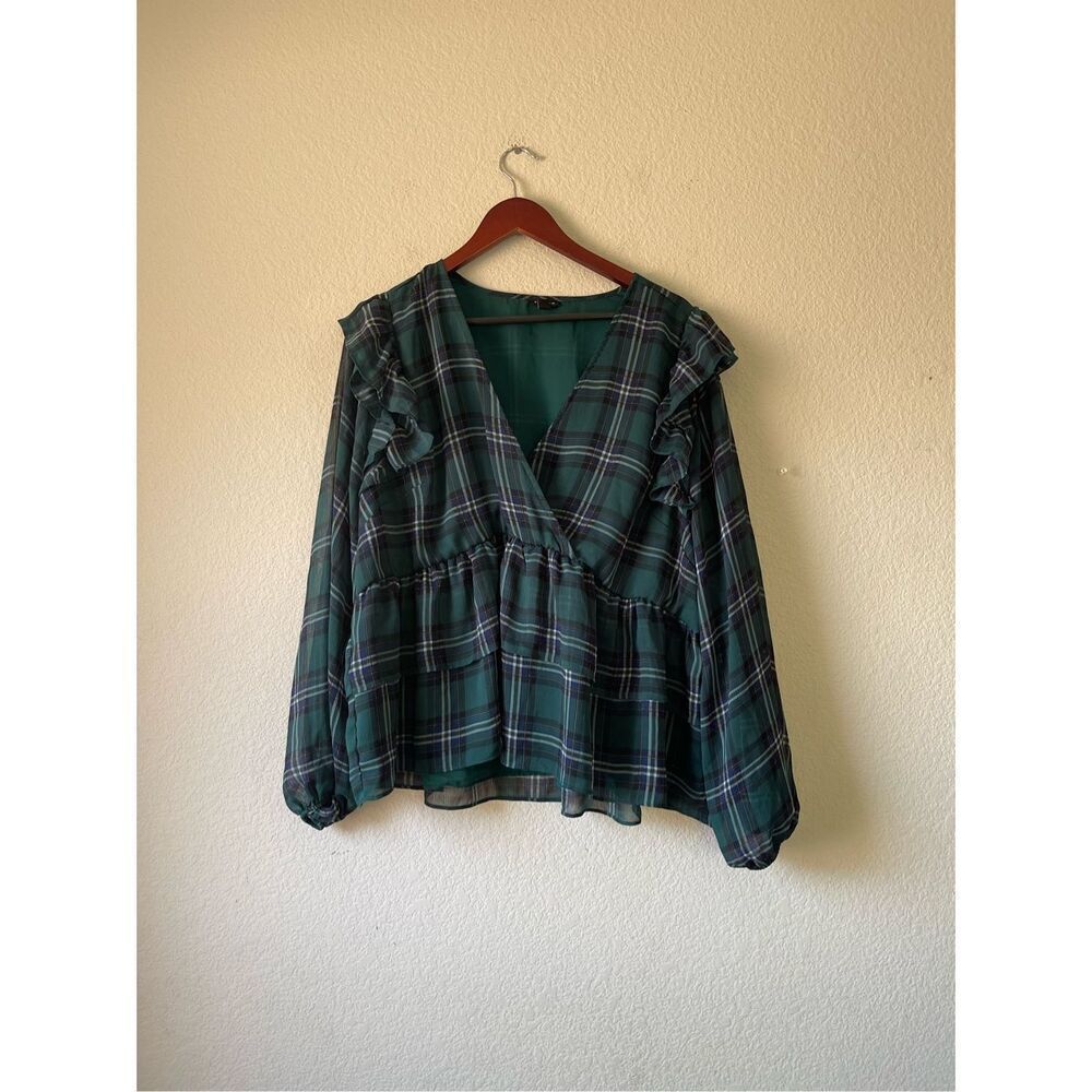 Torrid Chiffon Ruffled Surplice Top Womens‎ 3x Green Plaid V Neck Blouse